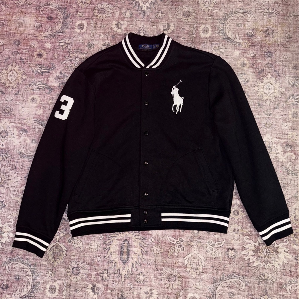 Polo Ralph Lauren Big Pony Varsity Jacket Mens XL Black White Snap Bomber 3 Logo